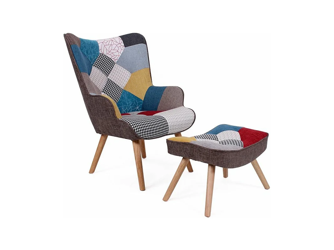 Fauteuil Scandinave & Pouf Patchwork "Orle" 98cm Multicolore