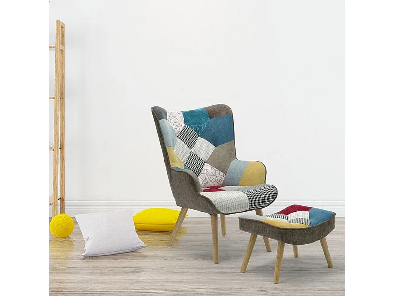 Fauteuil Scandinave & Pouf Patchwork "Orle" 98cm Multicolore