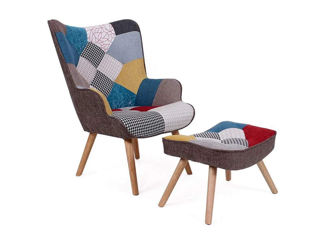 Fauteuil Scandinave & Pouf Patchwork "Orle" 98cm Multicolore