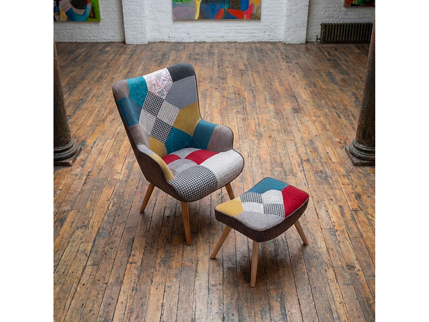 Fauteuil Scandinave & Pouf Patchwork "Orle" 98cm Multicolore
