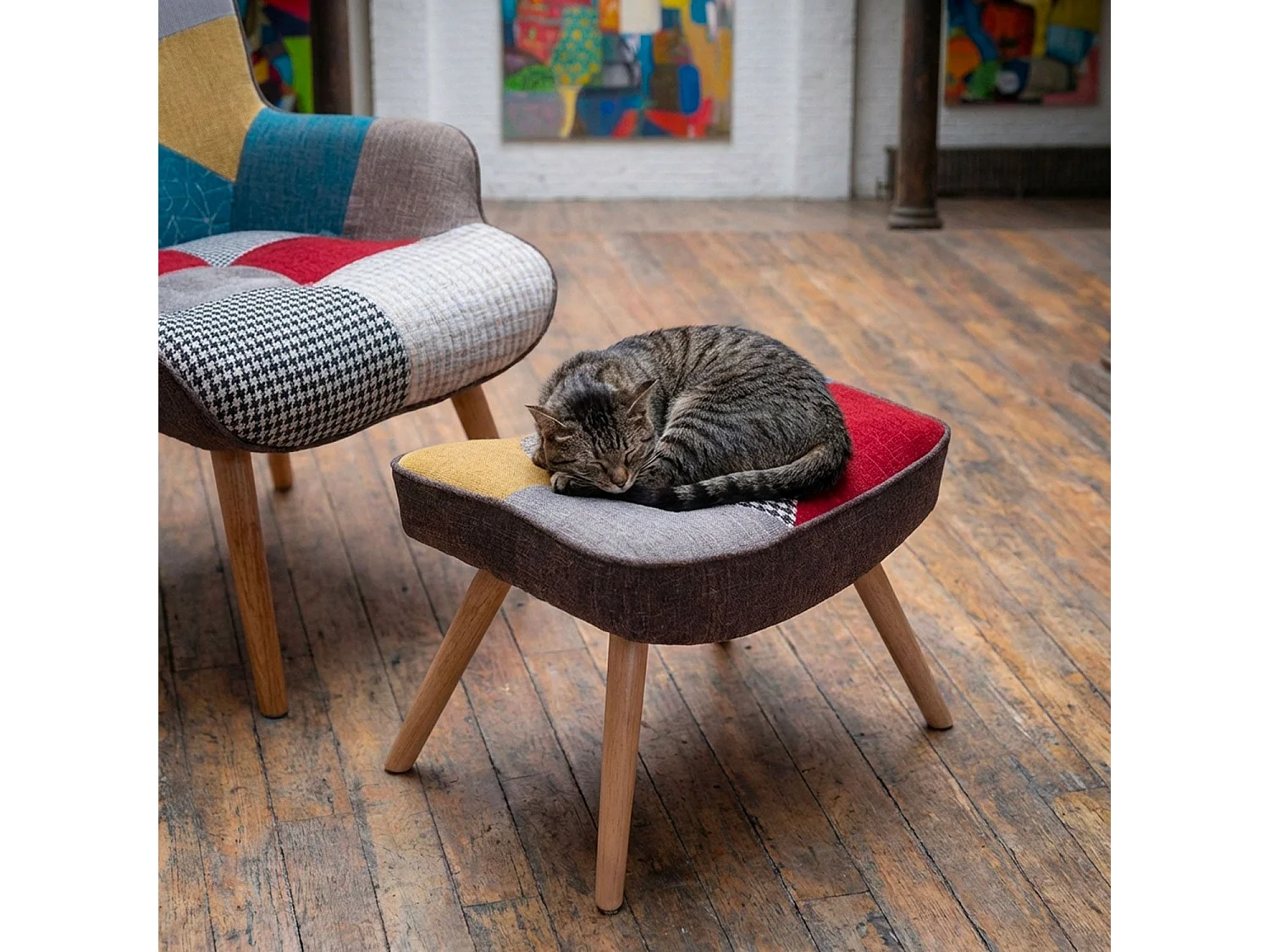 Fauteuil Scandinave & Pouf Patchwork "Orle" 98cm Multicolore