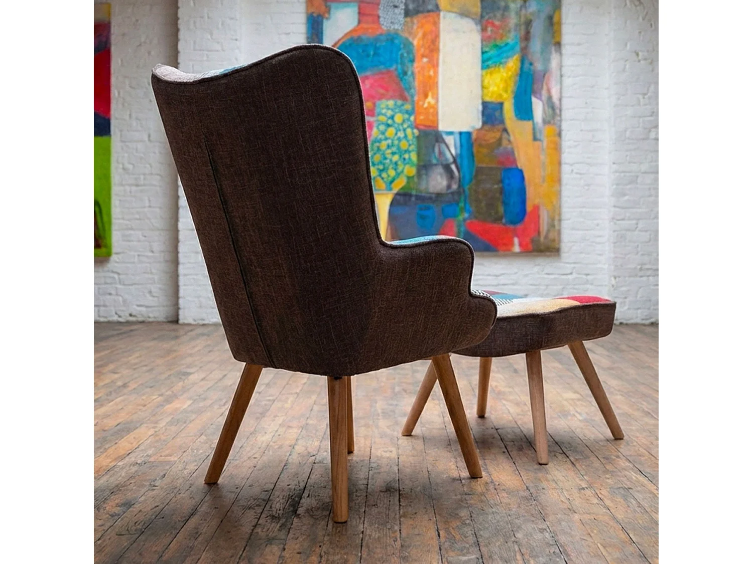 Fauteuil Scandinave & Pouf Patchwork "Orle" 98cm Multicolore