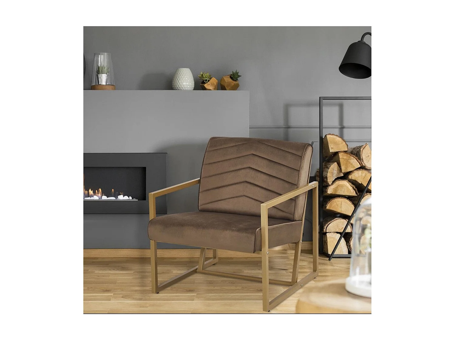 Fauteuil Vidor Velours Camel pieds Or