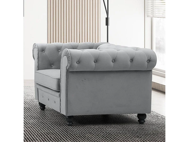 Fauteuil Design Velours "Chesterfield" 110cm Argent
