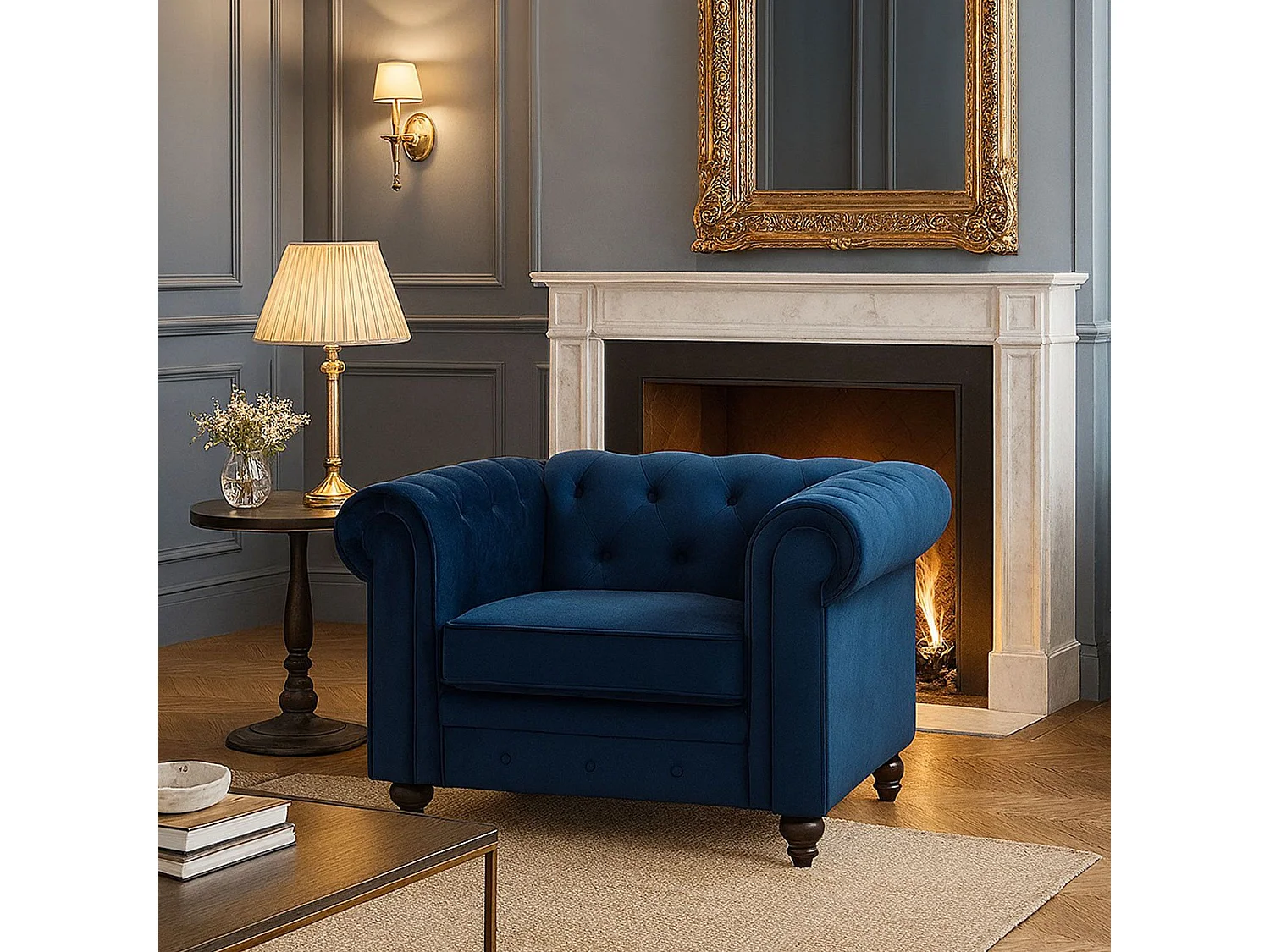 Fauteuil Design Velours "Chesterfield" 110cm Bleu