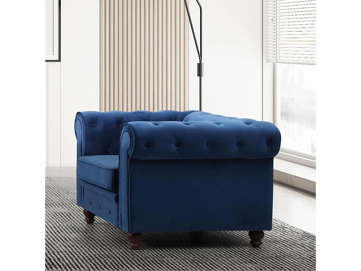 Fauteuil Design Velours "Chesterfield" 110cm Bleu