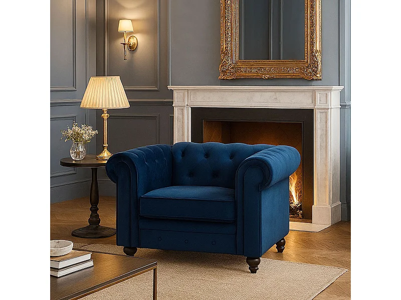 Fauteuil Design Velours "Chesterfield" 110cm Bleu