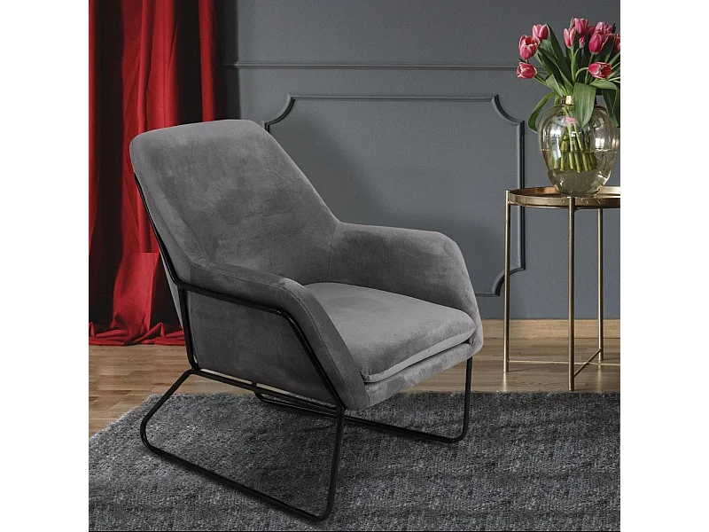 Fauteuil Claudio Velours Gris pieds Métal Noir