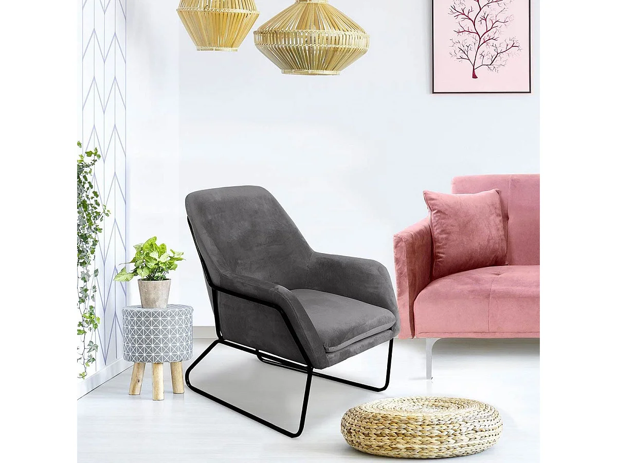 Fauteuil Claudio Velours Gris pieds Métal Noir