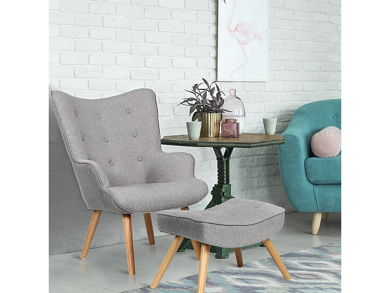 Poltrona + pouf scandinavi Lylou in tessuto grigio chiaro