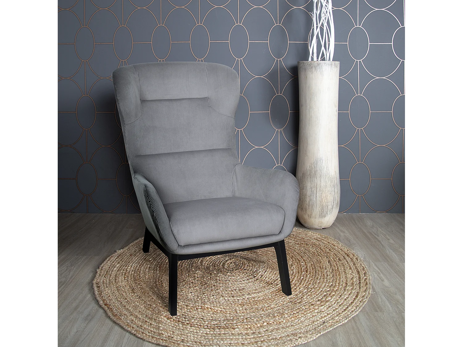 Fauteuil Velours Cotele Roma Gris Fonce Gris
