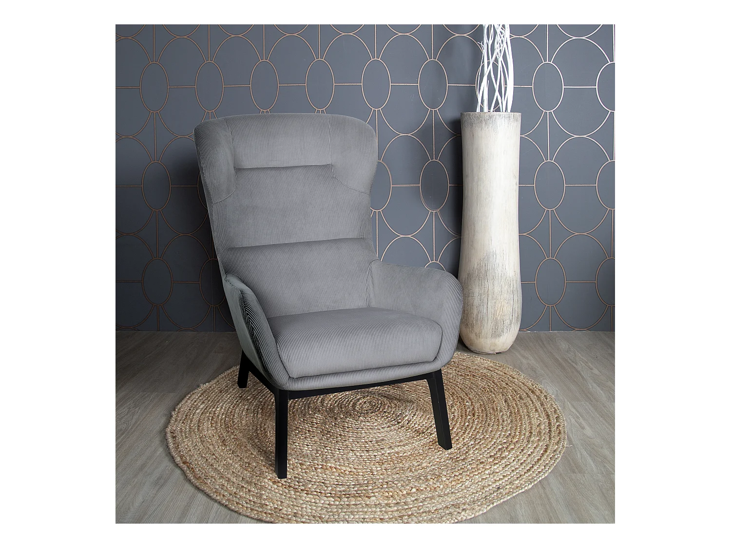 Fauteuil Velours Cotele Roma Gris Fonce Gris