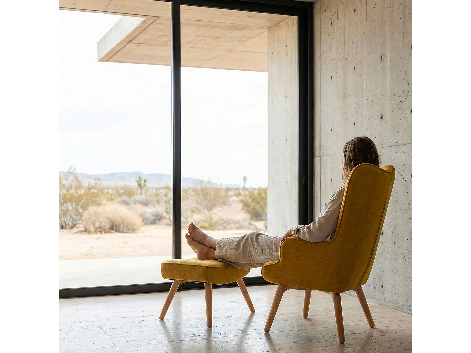 Fauteuil & Pouf Scandinave "Orle" 98cm Jaune