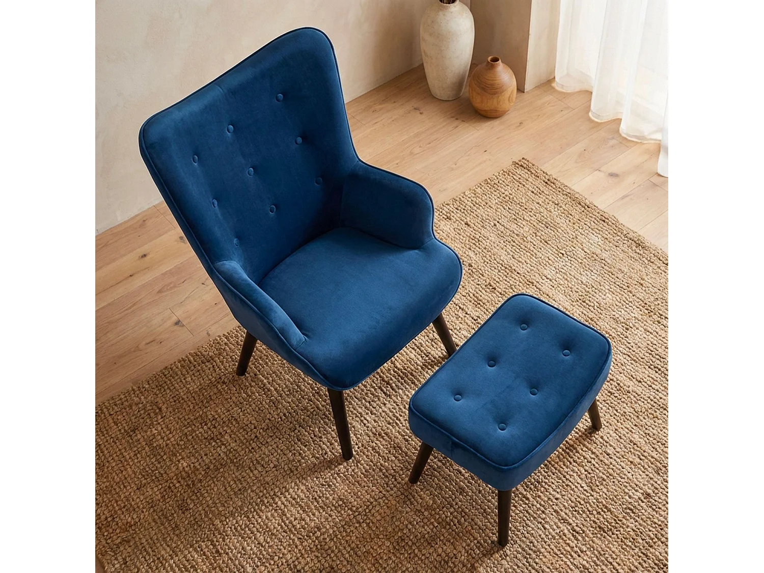 Fauteuil & Pouf Scandinave Velours "Nomi" 100cm Bleu