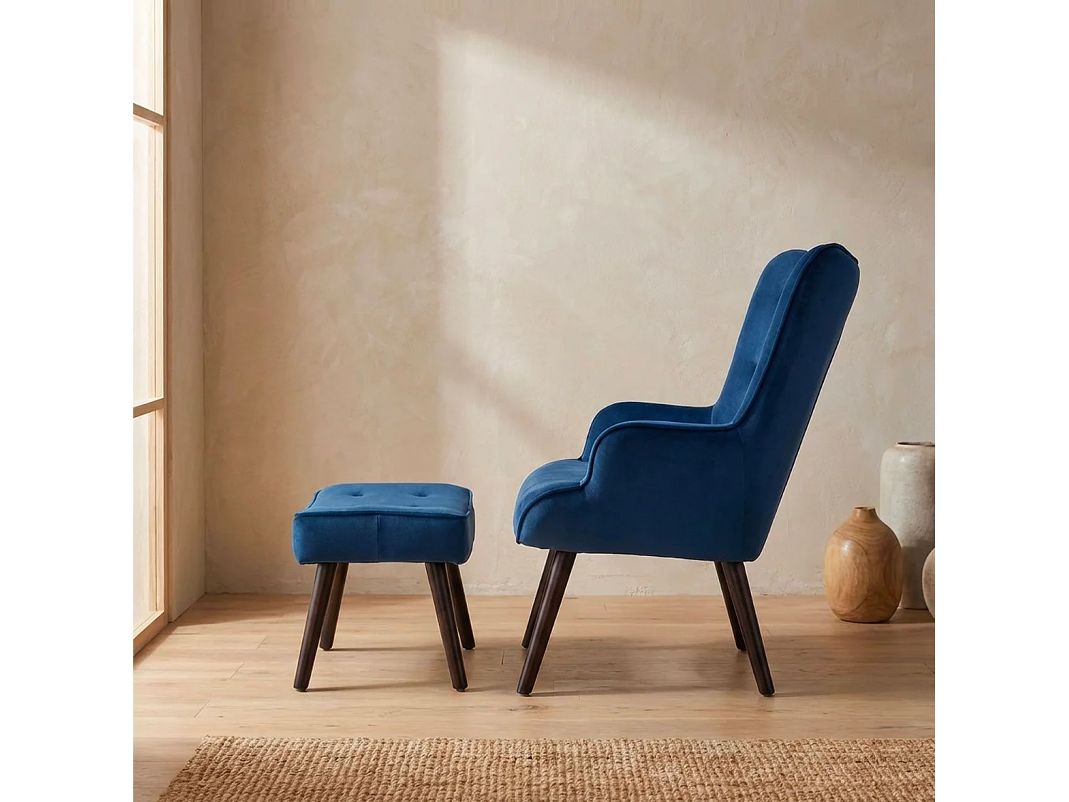 Fauteuil & Pouf Scandinave Velours "Nomi" 100cm Bleu