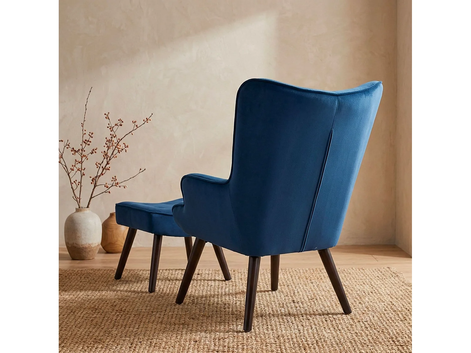 Fauteuil & Pouf Scandinave Velours "Nomi" 100cm Bleu