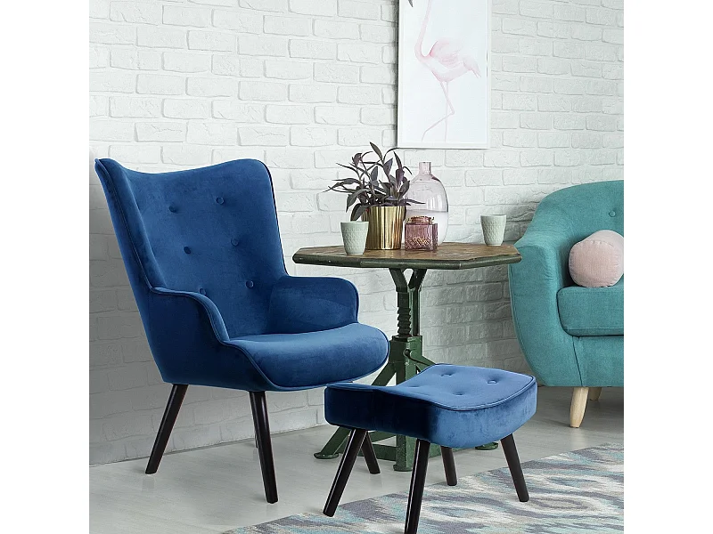 Fauteuil & Pouf Scandinave Velours "Nomi" 100cm Bleu