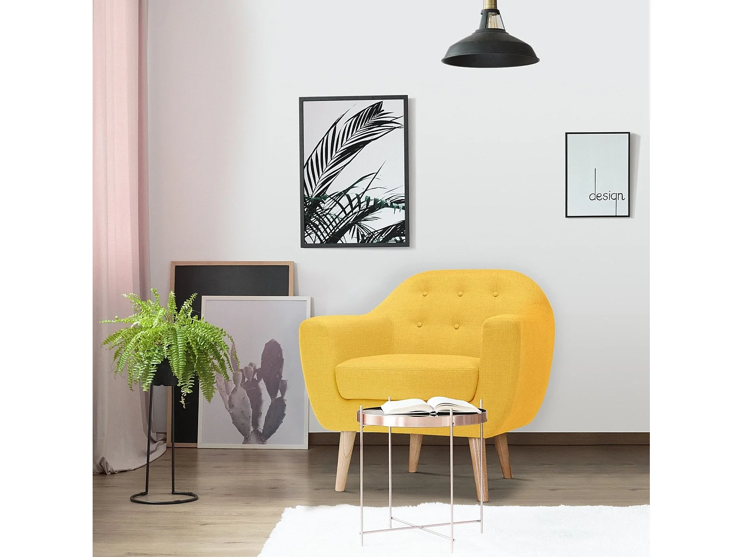 Fauteuil Scandinave Tissu "Lopy" 78cm Jaune