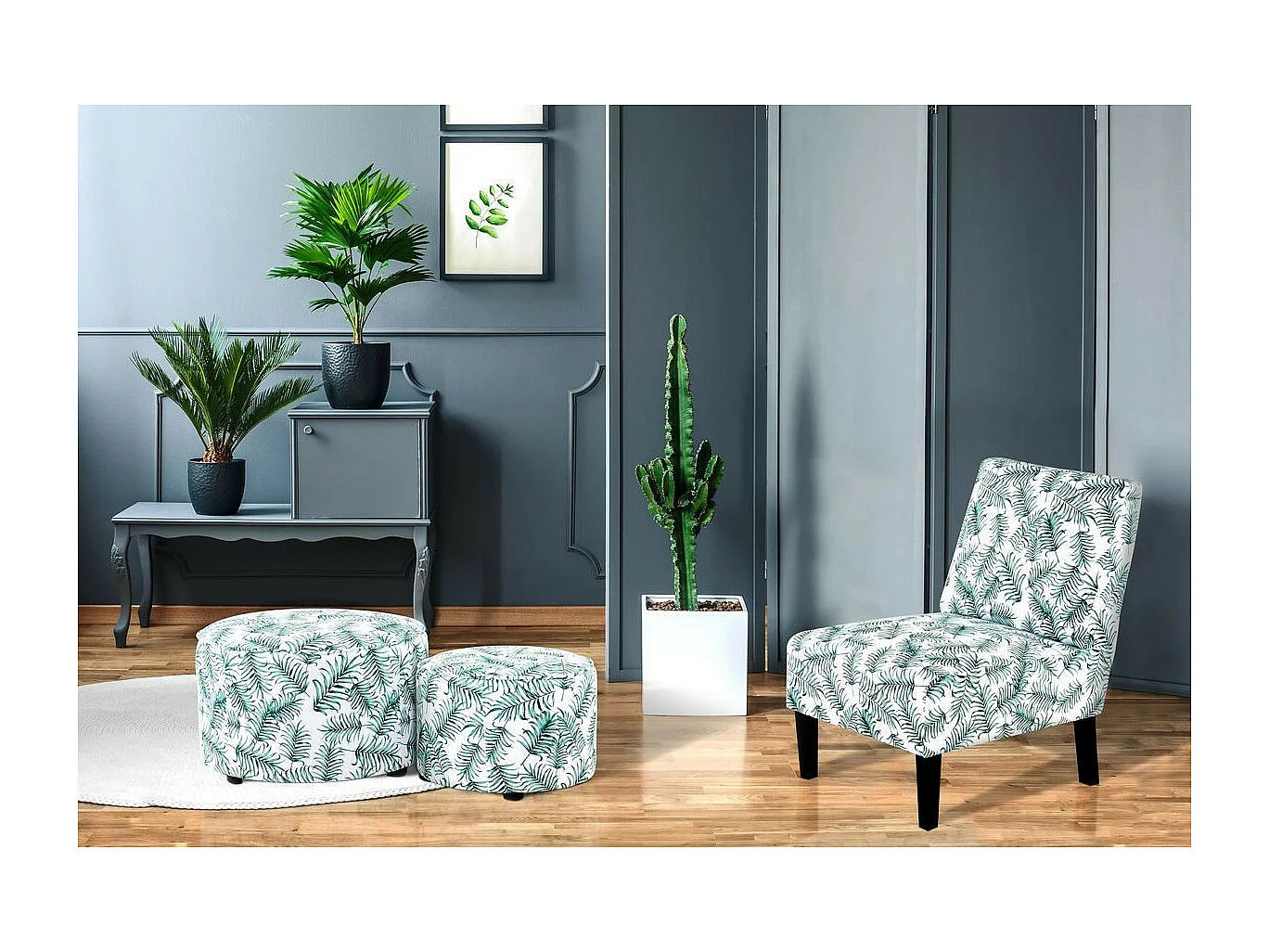 Fauteuil Design Imprimé "Indira" 84cm Blanc & Vert