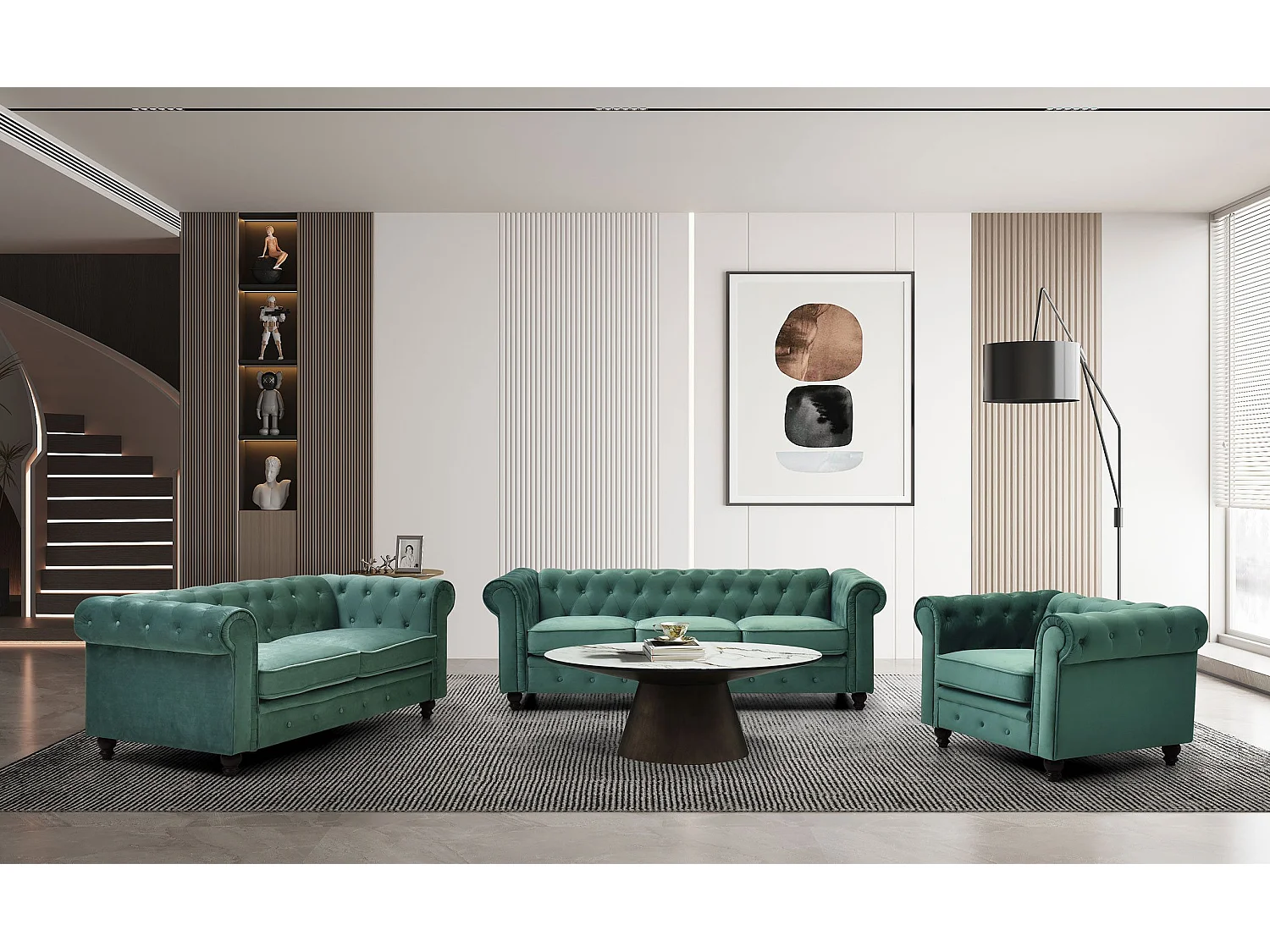 Fauteuil Design Velours "Chesterfield" 110cm Vert