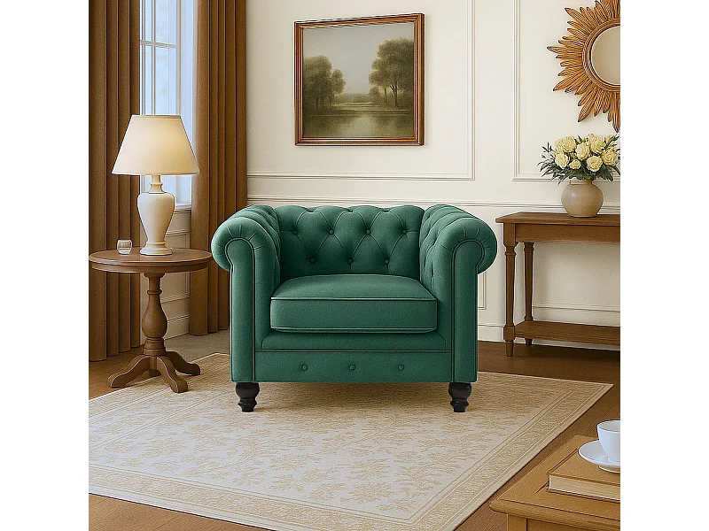 Fauteuil Design Velours "Chesterfield" 110cm Vert