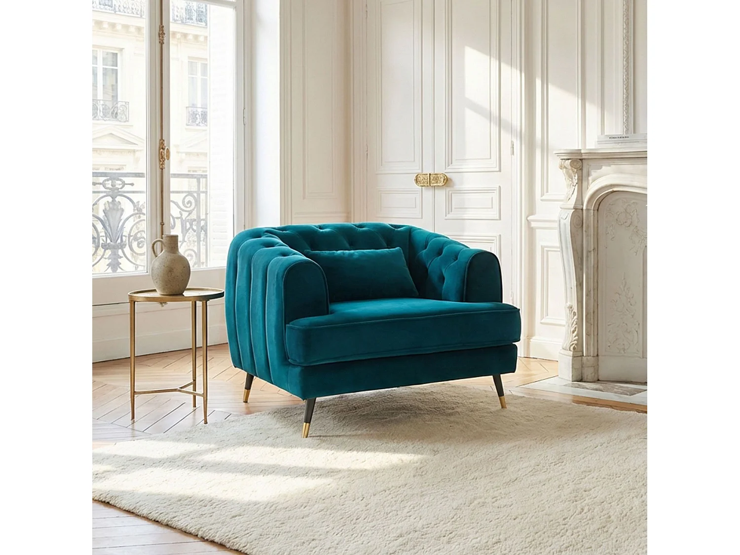 Fauteuil capitonné style boudoir Glams Velours Bleu canard