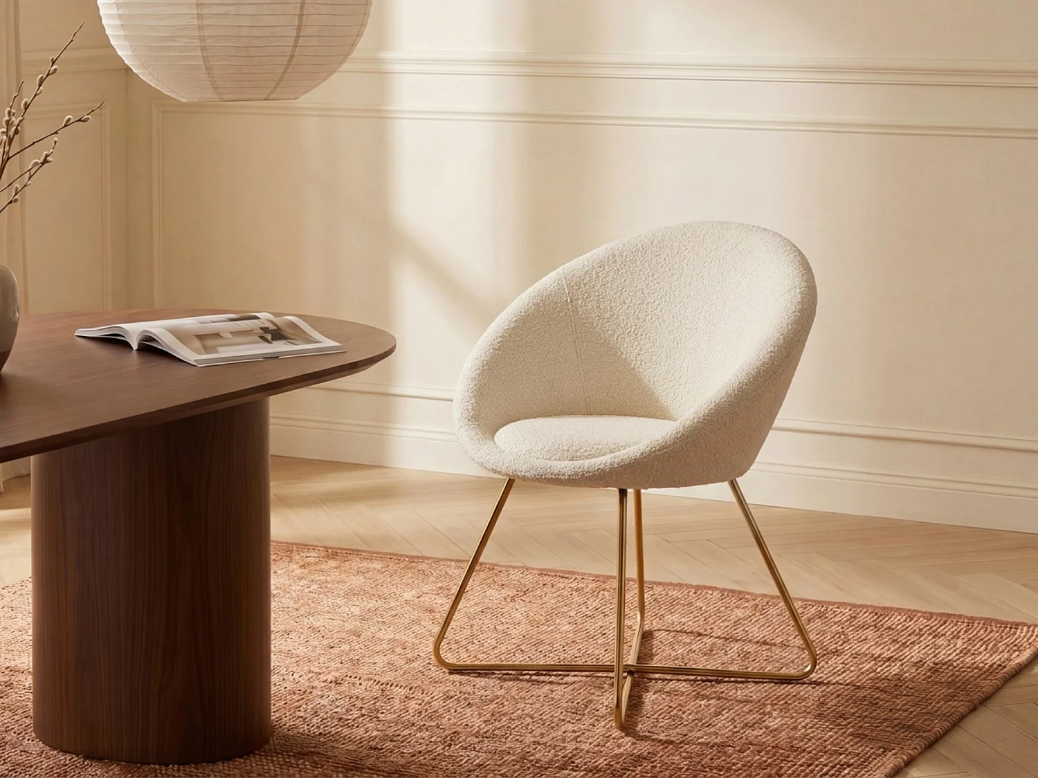Chaise en tissu bouclette et métal doré - Blanc - BURBAN