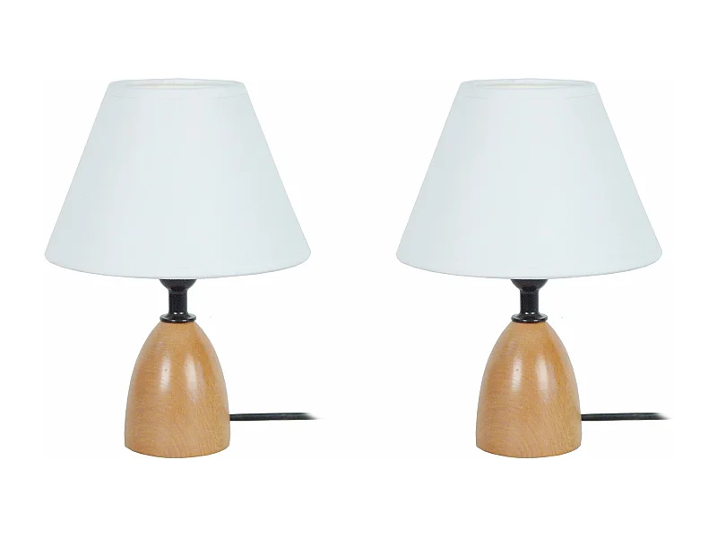 Pair de Lampes de chevet conique bois  naturel,blanc 22 cm.