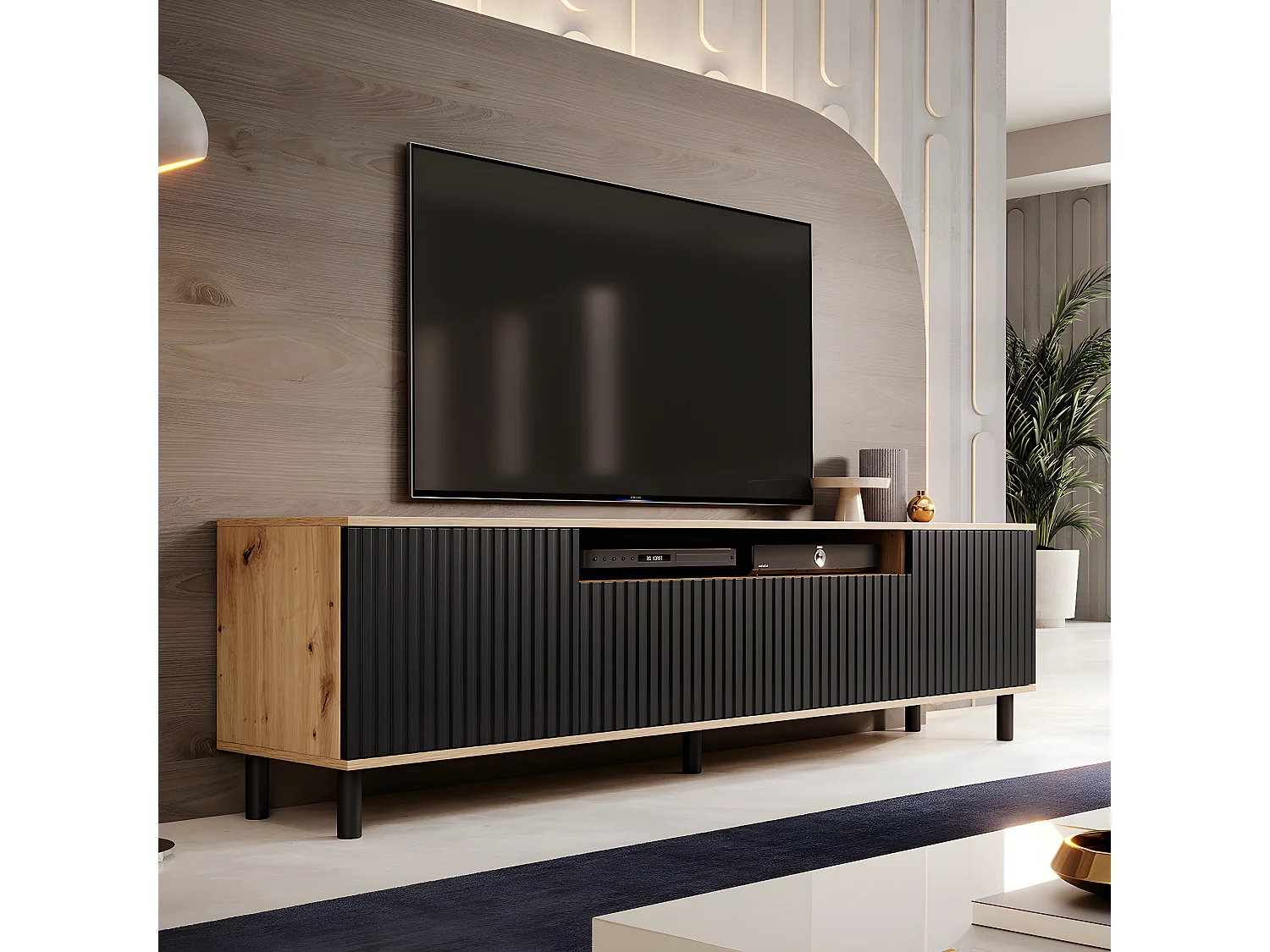 Meuble TV 3 portes 200 cm Lenny Bois et Noir