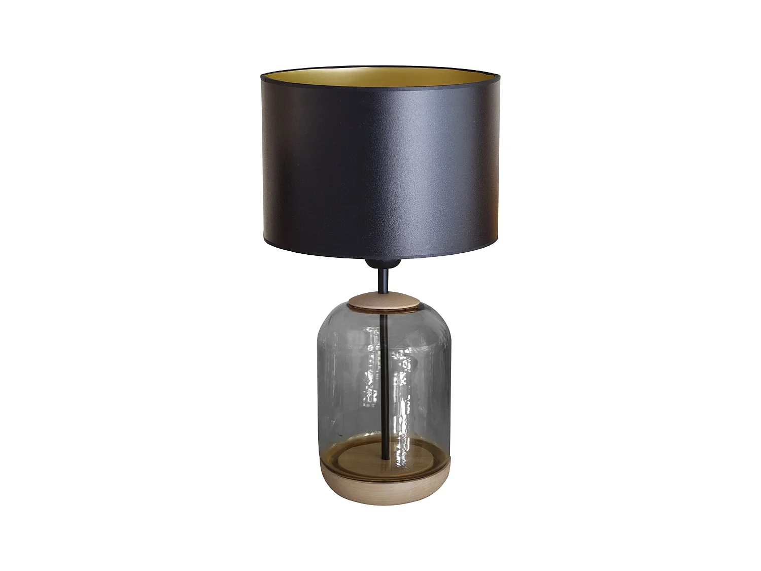 Lampe de chevet cylindre bois,verre,fumée,noir or  41 cm.