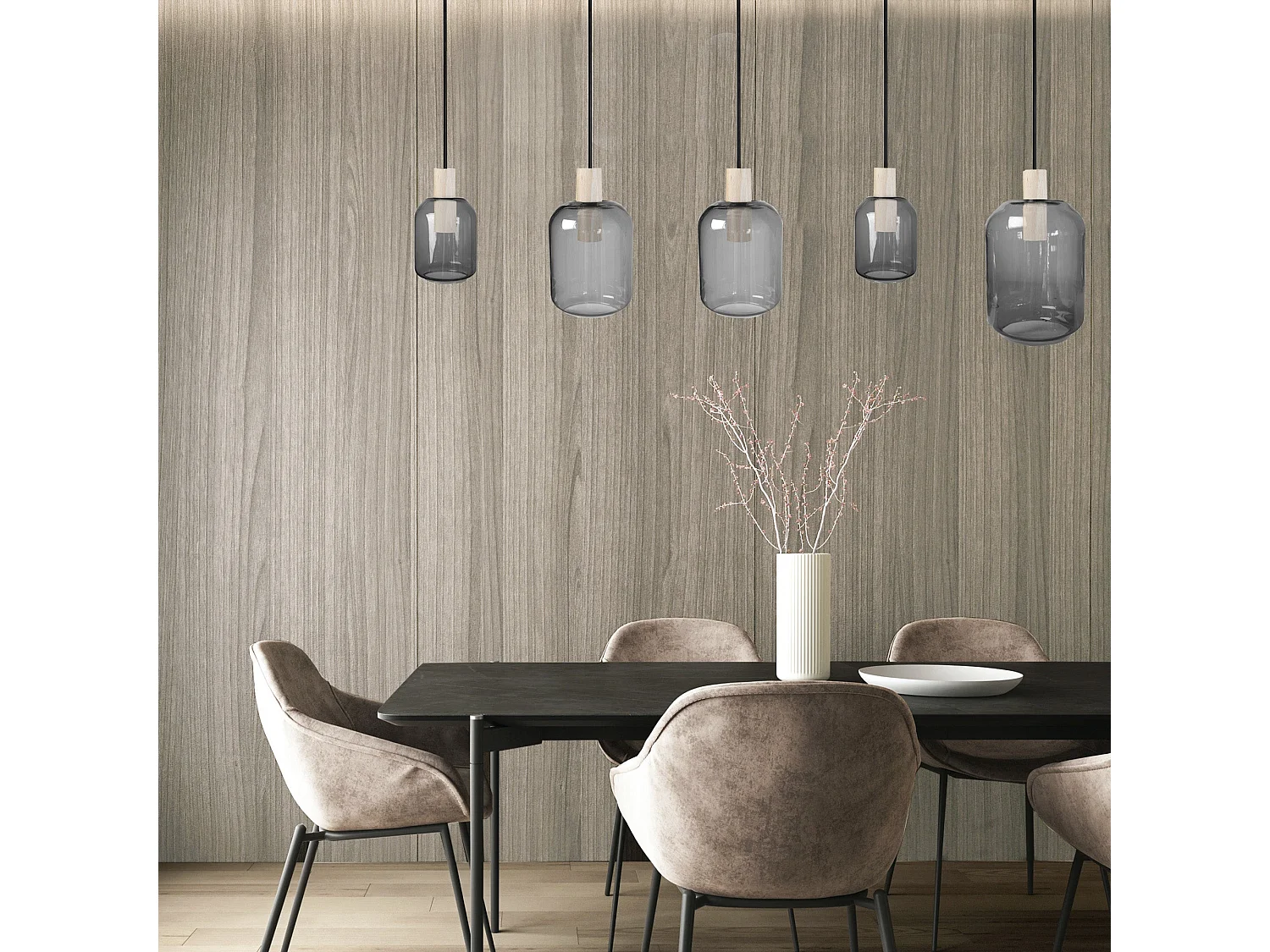 Lampadario sbarra legno 5 luci legno vetro SVALBARD SMB grigio D'30 cm