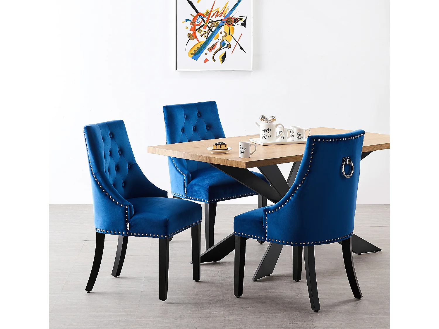 Einzelner Windsor-Esszimmerstuhl – Plüsch-Samtpolsterung und stabile Beine aus Massivholz – perfekt für Ihr Esszimmer und Wohnzimmer – Blau