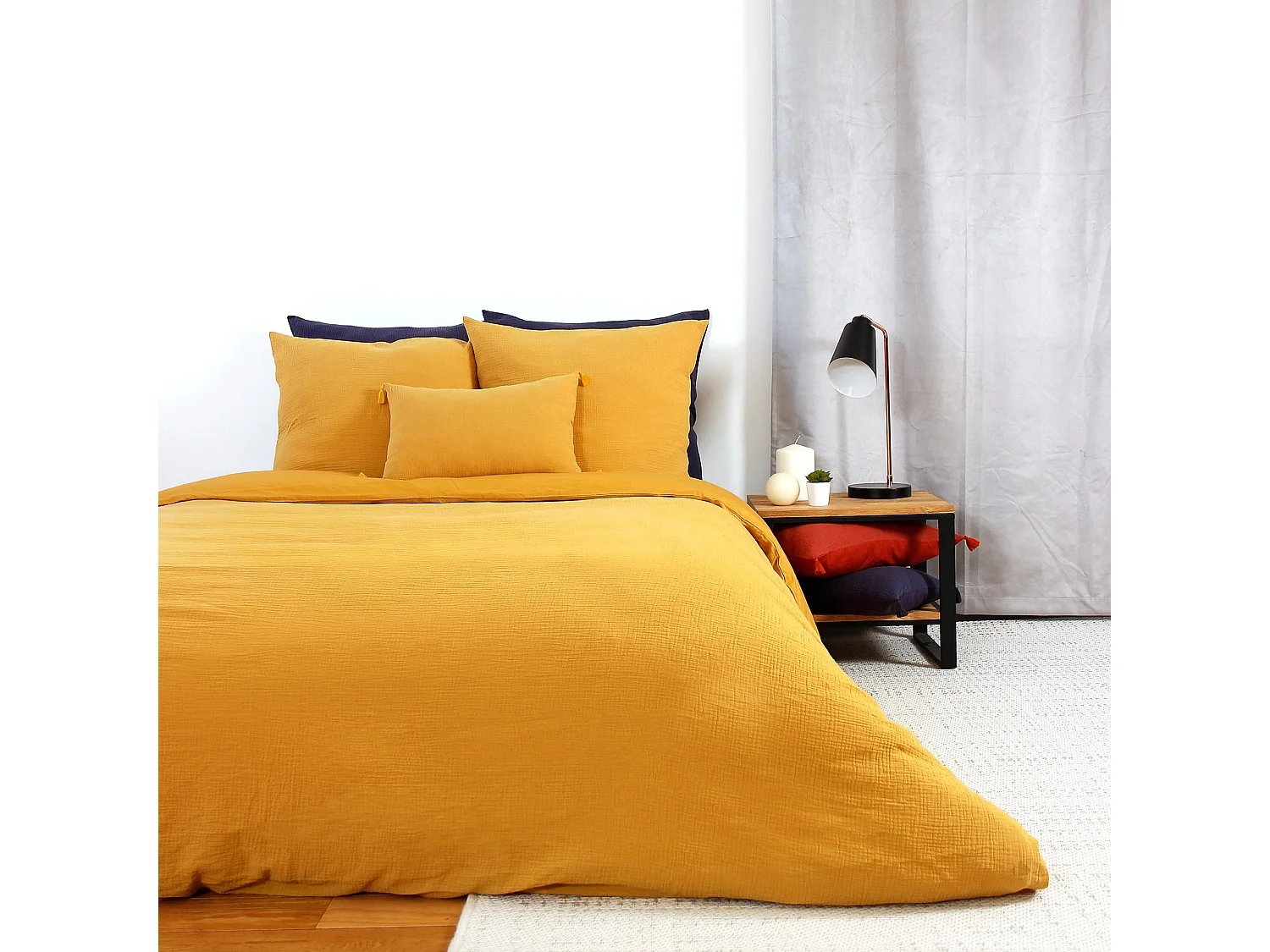 Parure de lit 140x200 cm double gaze de coton GAZGAZ jaune moutarde 2 pièces