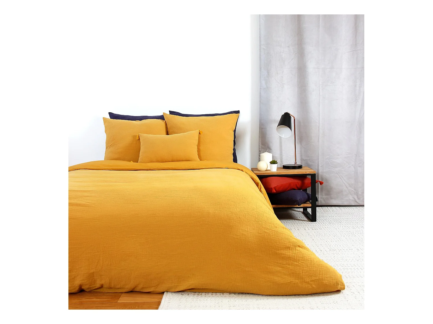 Parure de lit 140x200 cm double gaze de coton GAZGAZ jaune moutarde 2 pièces