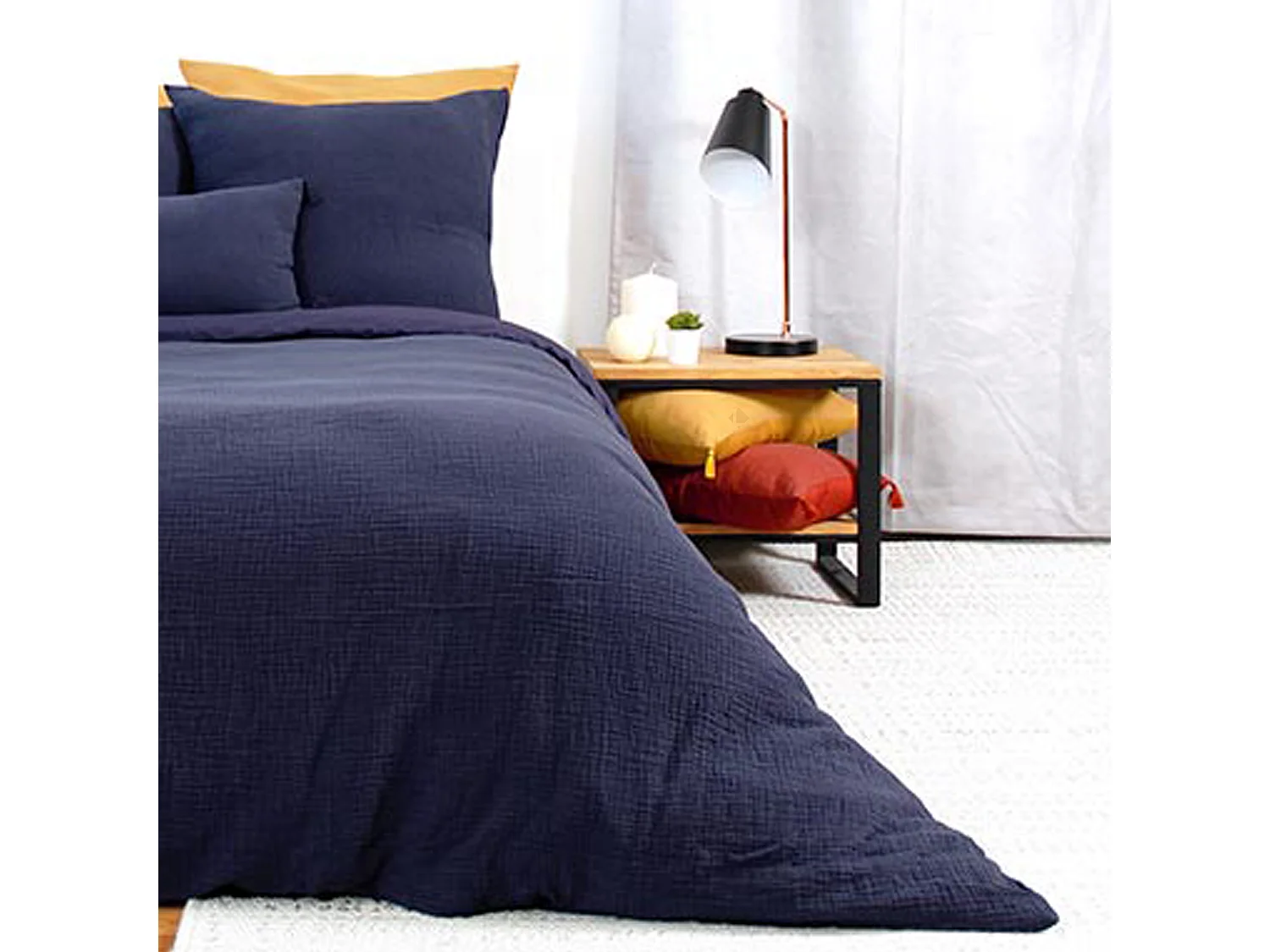 Parure 140x200 cm double gaze de coton GAZGAZ bleu marine 2 pièces