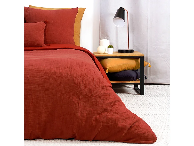 Parure 140x200 cm double gaze de coton GAZGAZ rouge ocre 2 pièces