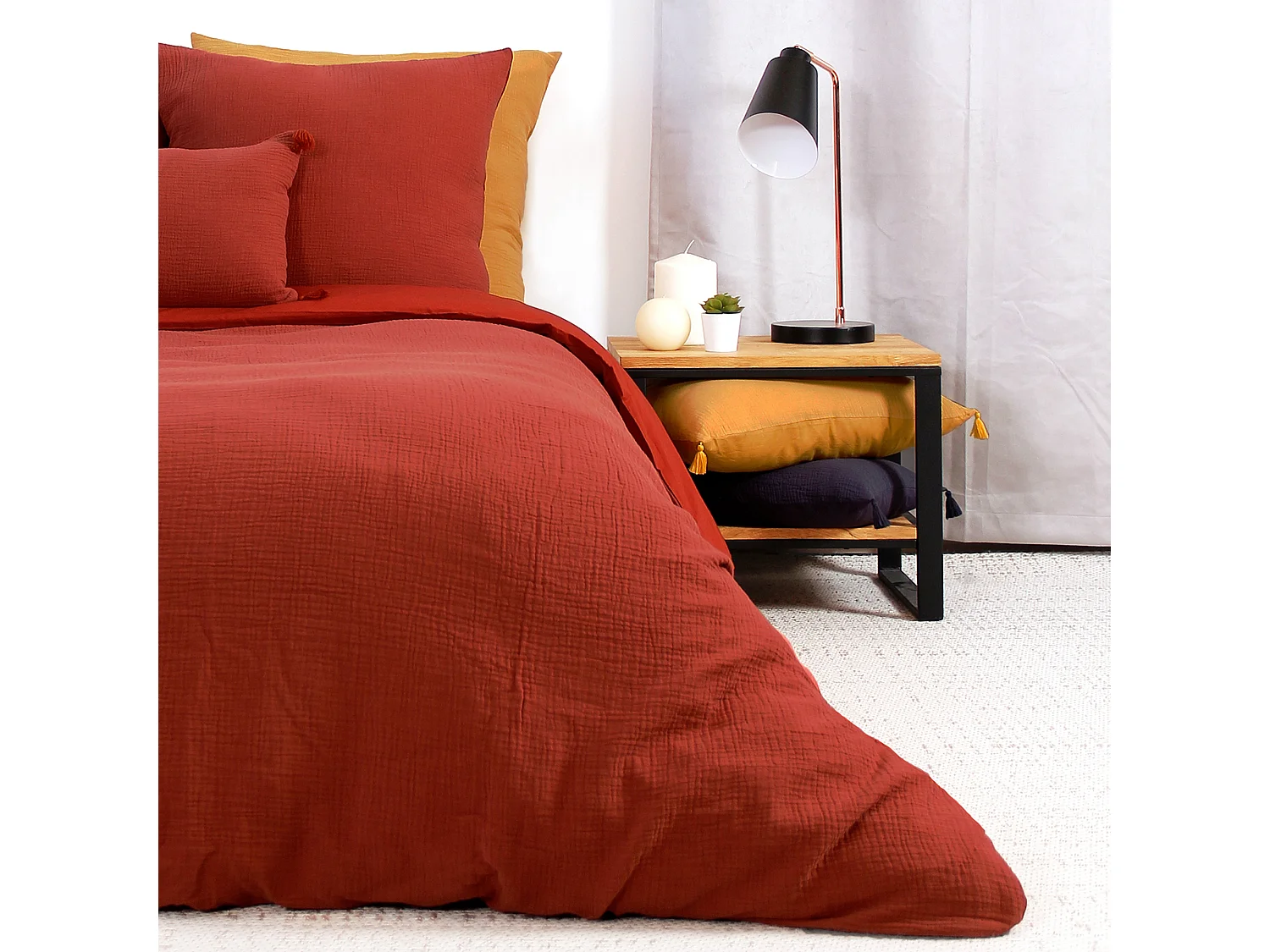 Parure 140x200 cm double gaze de coton GAZGAZ rouge ocre 2 pièces