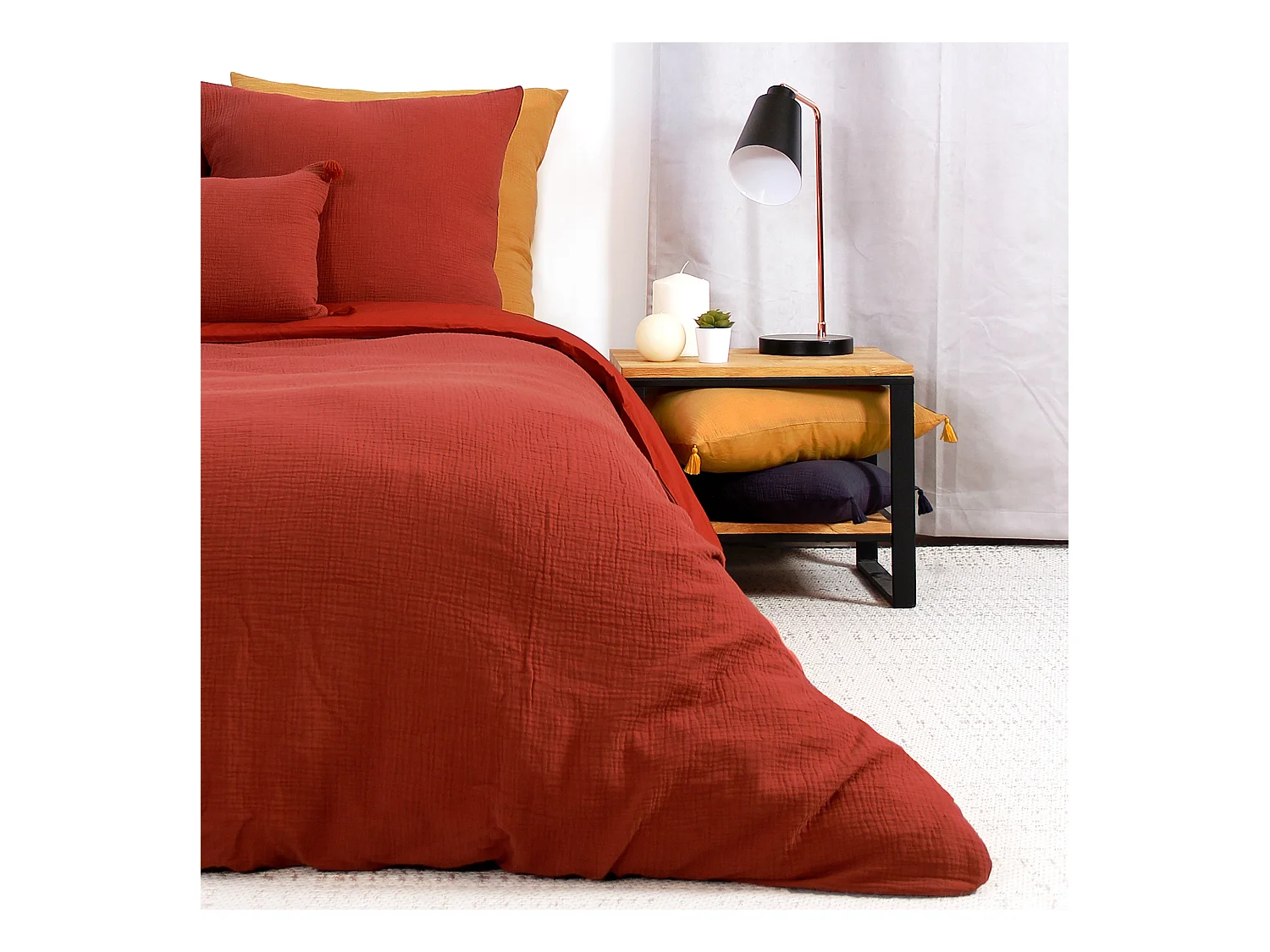Parure 140x200 cm double gaze de coton GAZGAZ rouge ocre 2 pièces