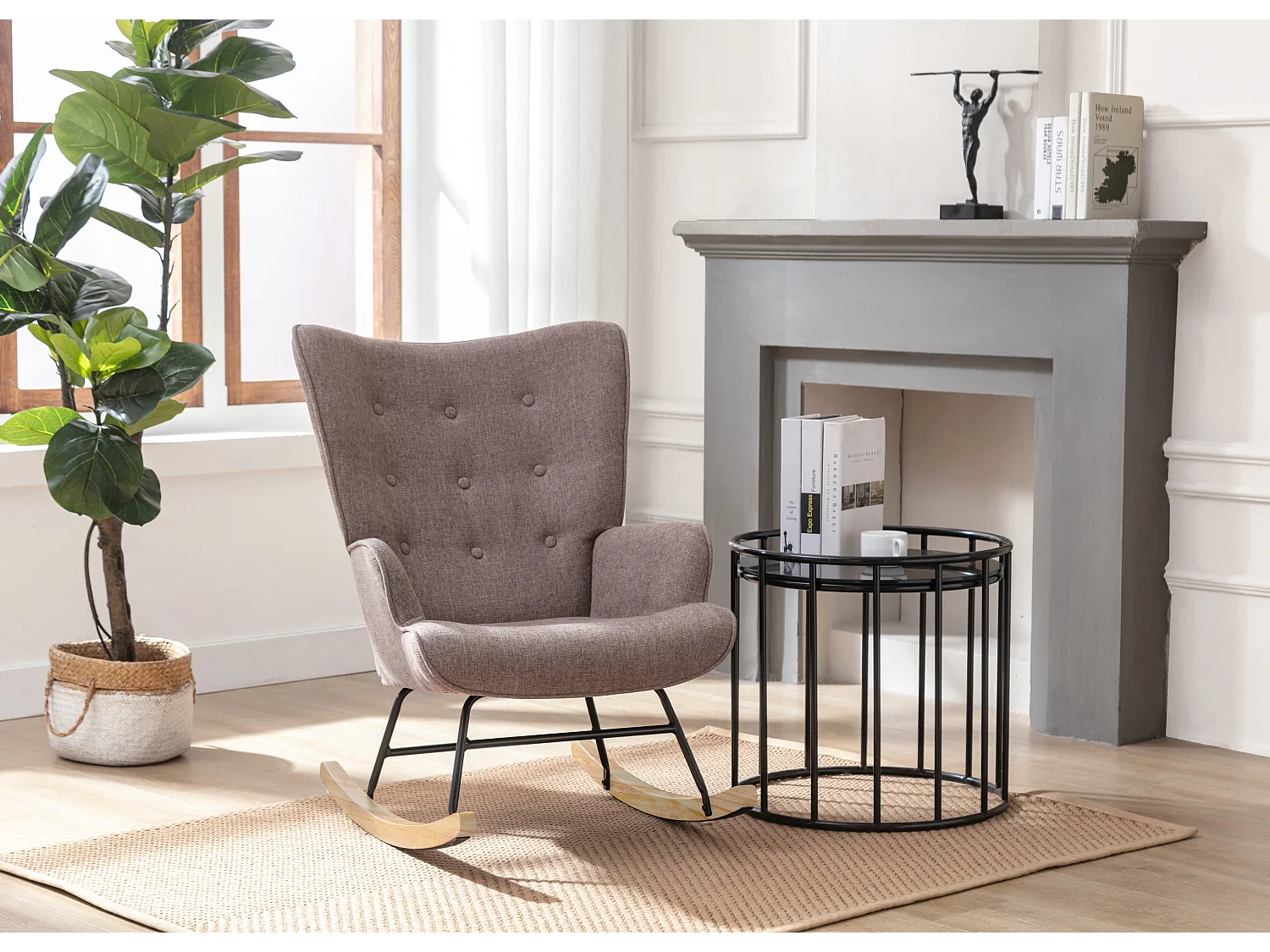 Fauteuil à bascule en tissu chiné taupe ELMINA II