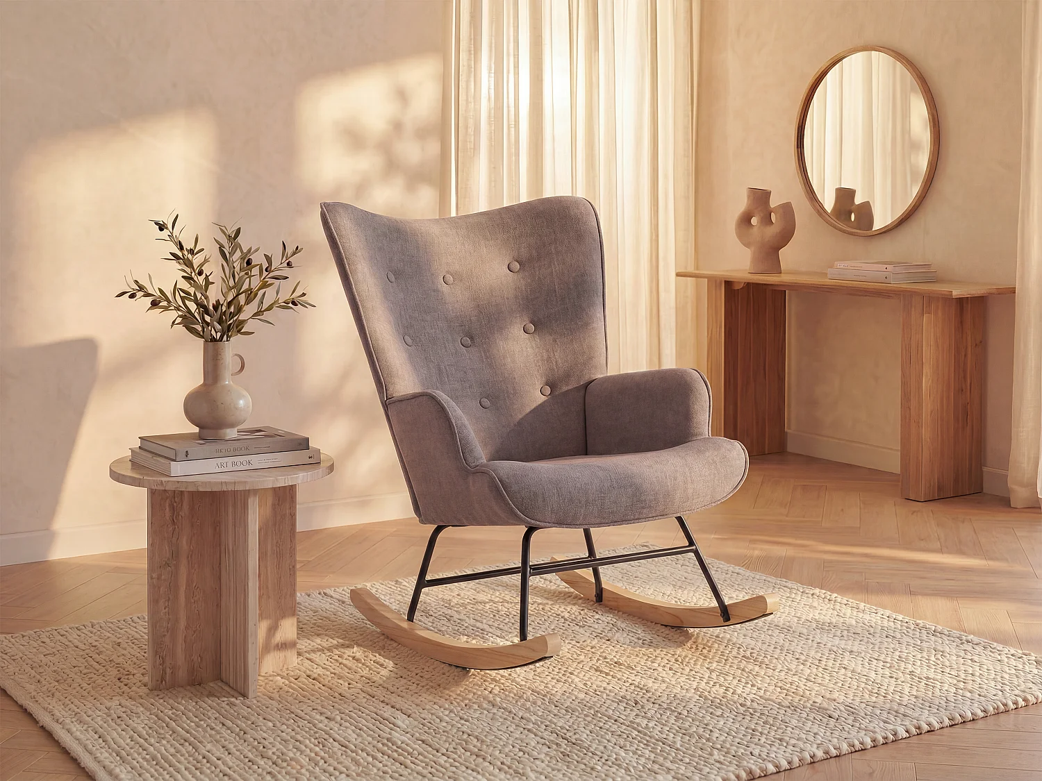Fauteuil à bascule en tissu chiné taupe ELMINA II