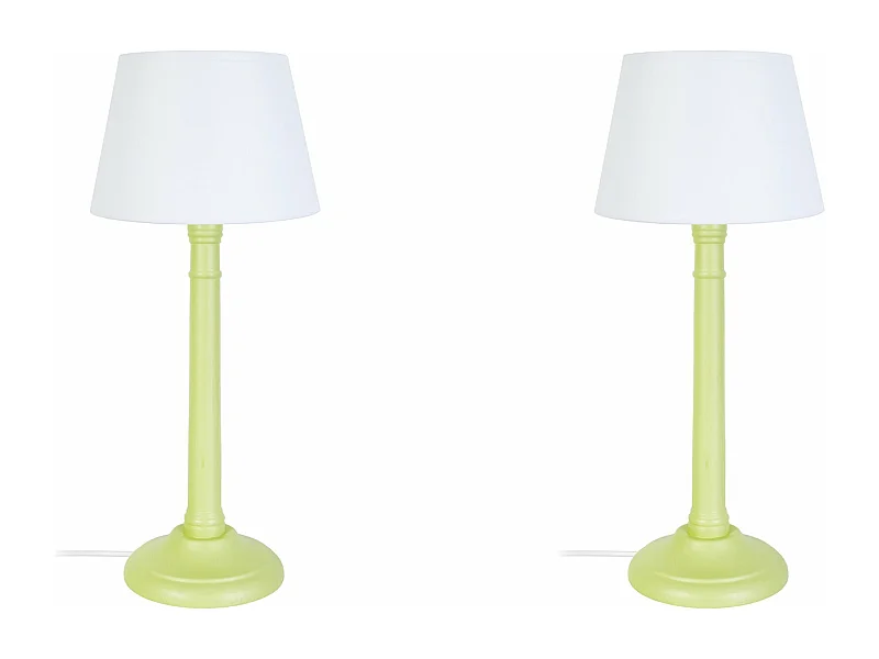Pair de Lampes de chevet colonne bois  vert 38,5 cm.