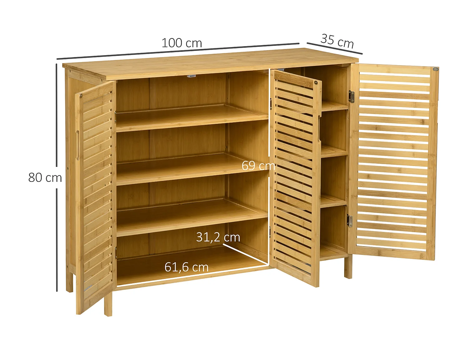 Meuble à chaussures style cosy chic - 3 portes, 6 étagères - portes à lattes, poignées invisibles - bambou verni