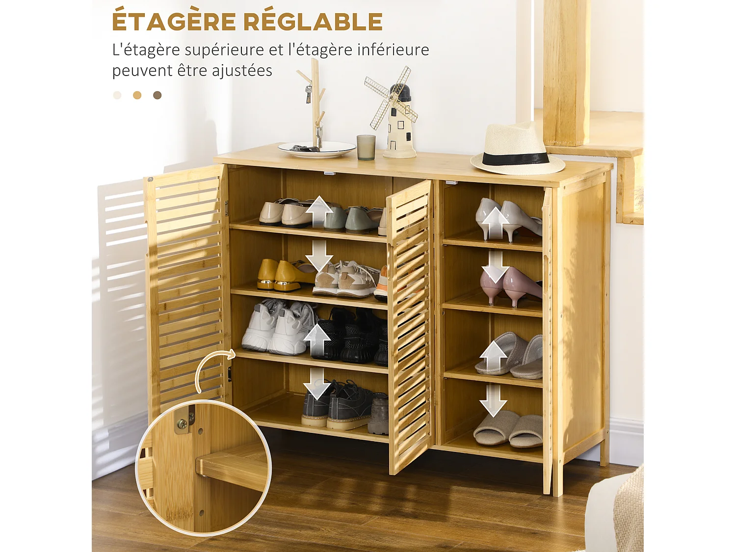 Meuble à chaussures style cosy chic - 3 portes, 6 étagères - portes à lattes, poignées invisibles - bambou verni