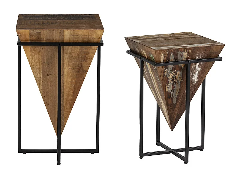 FINDY - Duo de Tables d'Appoint Pyramide Inversée Bois Massif et Métal Noir