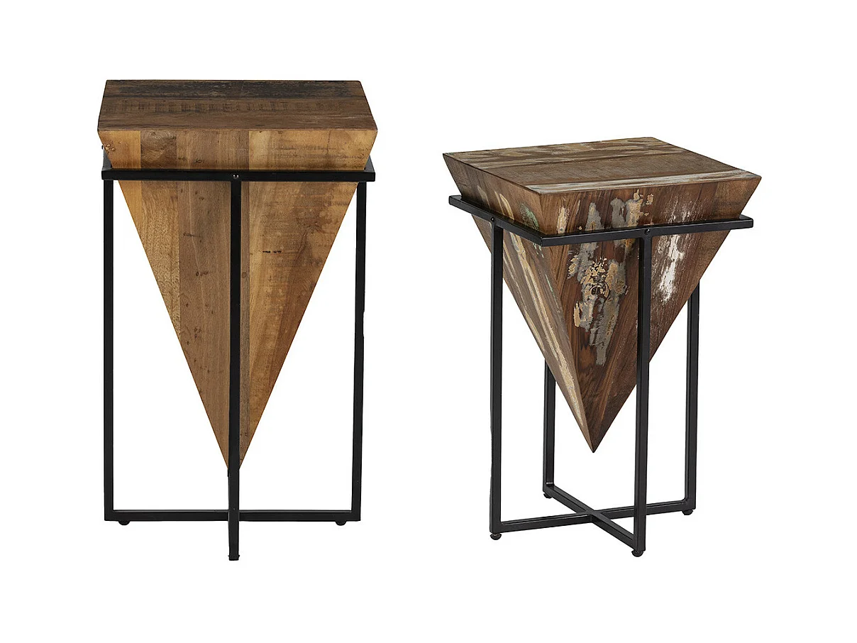 FINDY - Duo de Tables d'Appoint Pyramide Inversée Bois Massif et Métal Noir