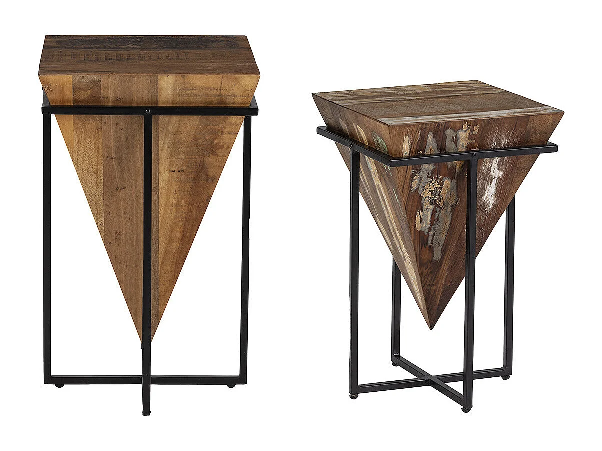 FINDY - Duo de Tables d'Appoint Pyramide Inversée Bois Massif et Métal Noir