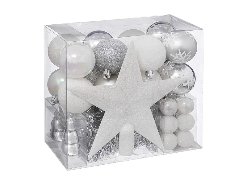 Set 44-teiliges Weihnachtsdeko-Set "Polar" Weiß & Silber 24cm Glänzend, Matt & Glitzernd