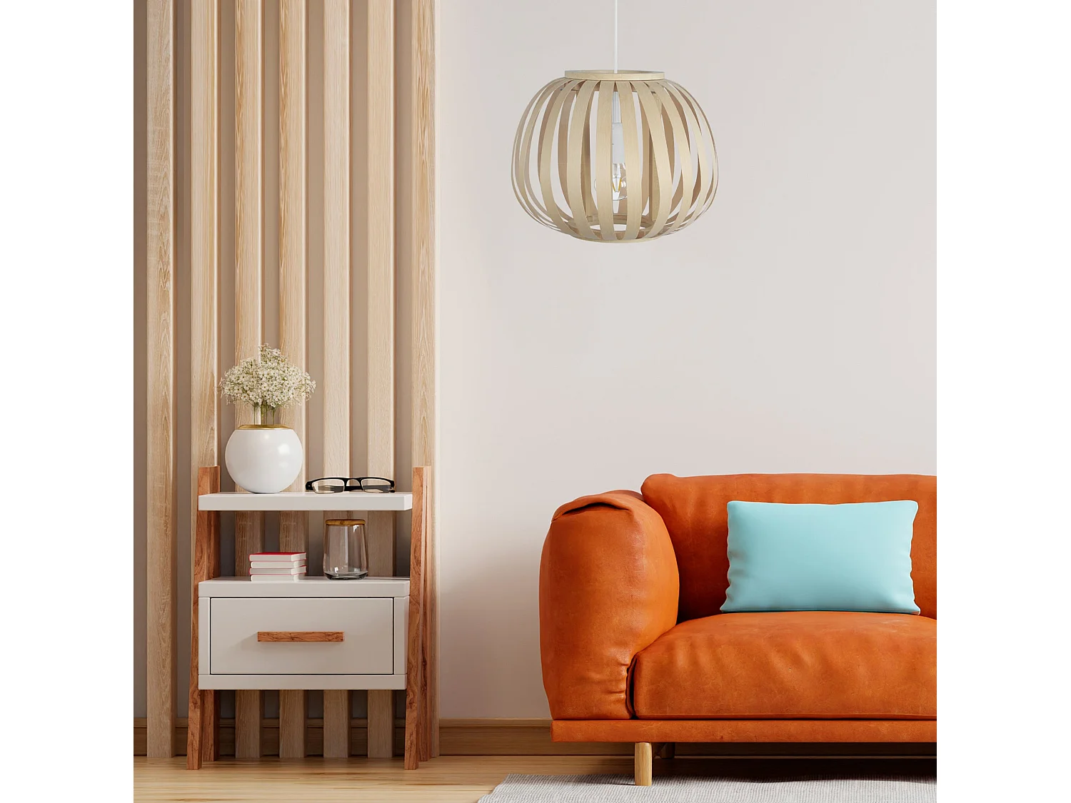 Suspension globe lamelles bois  naturel 95 cm.