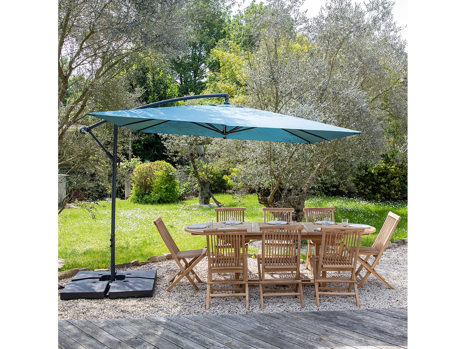 Parasol déporté MOLOKAI carré 2,7x2,7m bleu gris + housse - HAPPY GARDEN