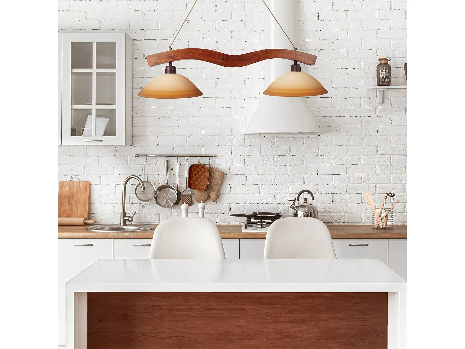 Lampadario legno escura sbarra 2 luci POUTTRES vetro quadrato crema D 90cm